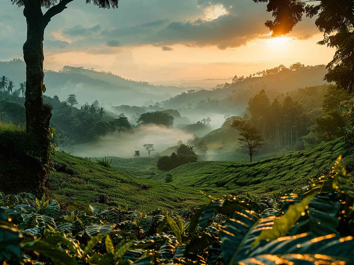 A breathtaking sunrise over the misty green hills and lush tea plantations of Coorg, creating a serene and picturesque landscape.